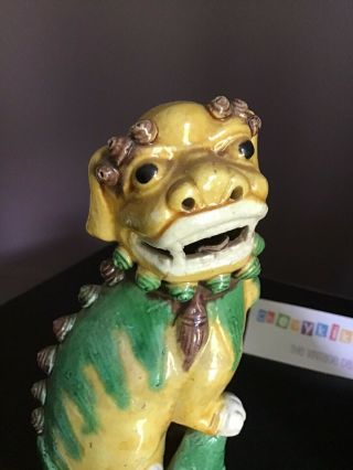 Chinese Foo Dog Guardian Lion Ceramic Statue Pair Green Yellow Brown Glazed 8” 2