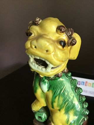 Chinese Foo Dog Guardian Lion Ceramic Statue Pair Green Yellow Brown Glazed 8” 3