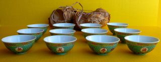 Chinese Mun Shou Porcelain Turquoise Blue Bowls - 3.  5 Inches (set Of 12) -