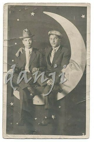 Affectionate Men In Studly Pose On Paper Moon Old Rppc Arcade Photo Postcard