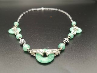 Vintage Art Deco Carved Jade And Silver Tone Necklace