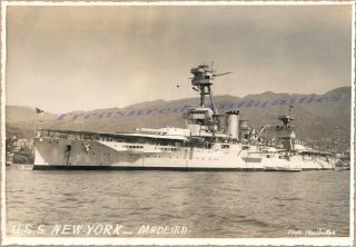 1937 Us Navy Uss York Bb - 34 Battleship Port Broadside Madeira Portugal Photo
