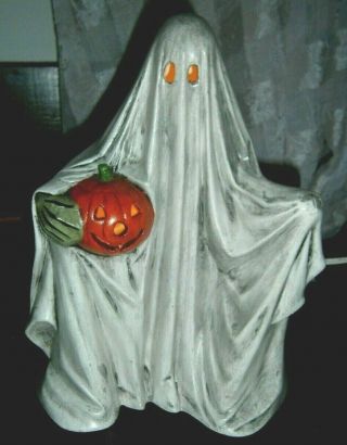 Vintage 1972 Byron Mold Ceramic Ghost Pumpkin Light Lamp Green Hand Gray Sheet