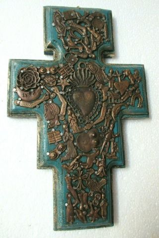 Mexican Folk Art Carved Wood Wall Cross Milagro Prayer Charm Ex Voto 10 "