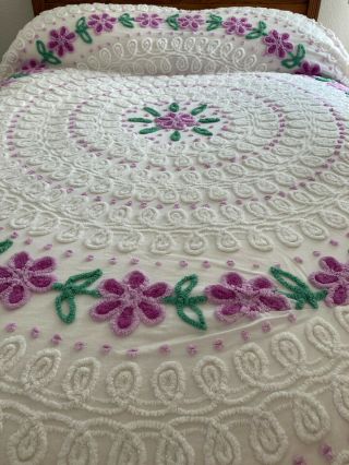 Gorgeous True Vintage Chenille Bedspread - Lavender And White - 88 X 100