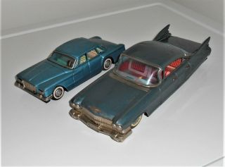 2 Vintage Tin Friction Cars Cadillac - 1962 Plymouth Valiant