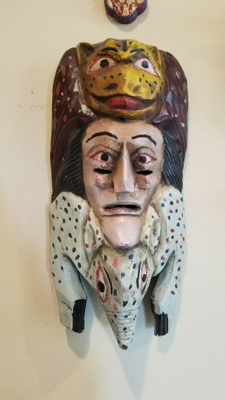 Big Vintage Mexican Folk Art Hand Carved Painted Wood Mask Ant Eater Man Leopard
