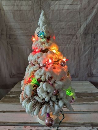 Vintage St Nick Bottle Brush Tree Snow Flecked 13″ Xmas Village Decor Light