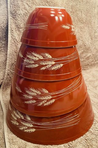 4 Pyrex Glass Mixing Bowls Autumn Harvest Wheat 401 402 403 404 Vintage Set