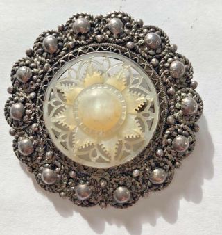 Vintage Sterling Silver Hand Carved Mother Of Pearl Pin Made In Jerusalem Brooch