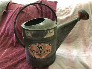 Vintage Wheeling 12 Galvanized Watering Can,  Sprinkler Head And Label.