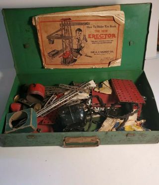 Vintage 1934 A C Gilbert Erector Set With Green Metal Case,  Instructions & Parts