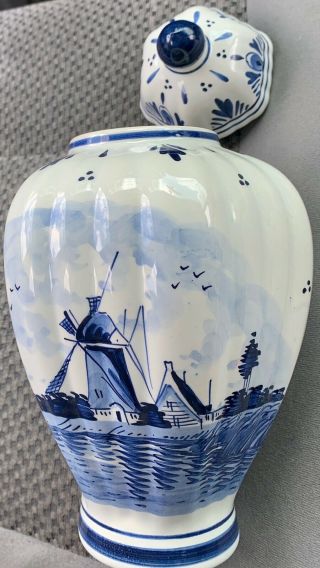 Vintage Holland Blue Delft Hand Painted 10” Lidded Ginger Jar Vase Urn W/ Mark