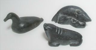 3 Vintage Signed Eskimo Inuit Stone Carvings Sculptures,  Duck,  Walrus,  Seal