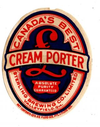 1920s Sterling Brewing Co,  Valleyfield,  Quebec,  Canada Cream Porter Beer Label