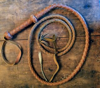 Vintage Brown Leather Bull Whip Over 10 