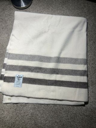 Vintage Woolrich Beige 3 Stripe Blanket - Large 60 " X 70” 100 Wool