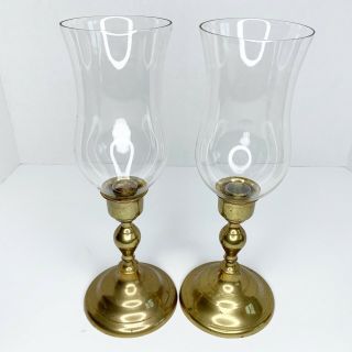 Vintage Hurricane Lamp Candle Holder Pair Brass Glass Chimney Shades