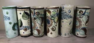 6 Vintage Tonala Mexico Pottery Tumblers Vases Hand Painted Signed