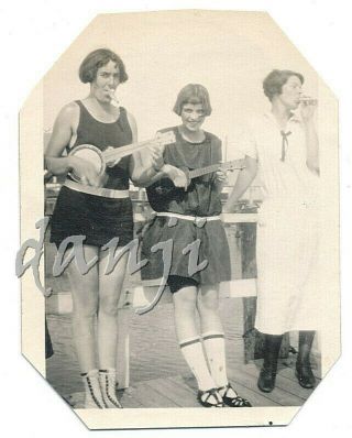 Swimsuit Flapper Girls With Bob Hairdos Blowing Kazoos,  Playing Banjos 1924 Photo