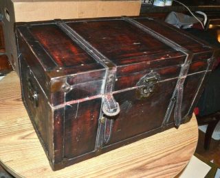Vtg Wood / Leather Storage Trunk 20 X 12 - 1/2 X 11 Pirate Treasure Chest