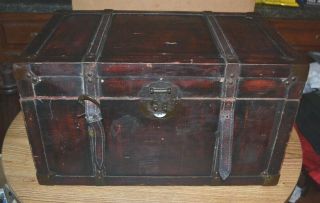 VTG WOOD / LEATHER STORAGE TRUNK 20 x 12 - 1/2 x 11 PIRATE TREASURE CHEST 3