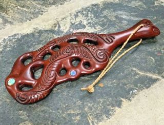 Maori Style War Club Paddle Hand Carved Wood Paua Shell Polynesian Zealand
