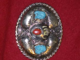 Silver Turquoise And Coral Vintage Belt Buckle