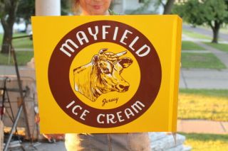 Large Vintage Mayfield Ice Cream Dairy Cow Farm 2 Sided 20 " Metal Flange Sign