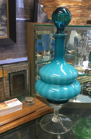 Vintage Retro Blue Glass Decanter Genie Bottle Type
