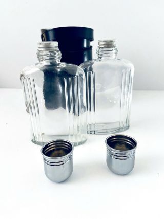 Unique Vintage Leather Travel Bar Liquor Set W 2 Shot Glasses & 2 Flask Bottles