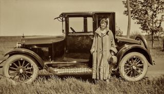 1920s Era Photo Negative Car N Flapper Auto Girl Fashion In Country Grass Dirt
