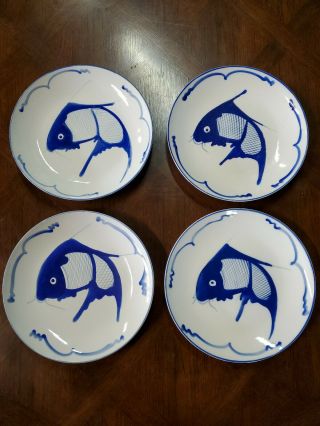 Set Of Four Vintage Blue Handpainted China Koi Fish Large Plates 9.  25 "