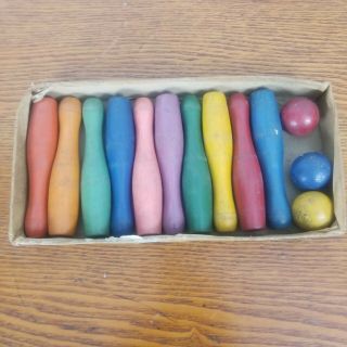 Vintage Game Bowling Pins Ball Wooden Painted Wood Table Top