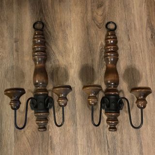 Set/2 Vintage Farmhouse Wood And Metal Wall Sconce Candle Holders Euc