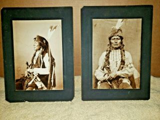 2 Vintage Native American Indian Black & White Carded Cabient Style Photos