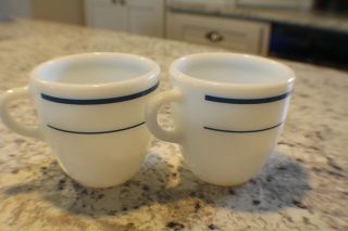 2 Vintage Pyrex White Milk Glass Coffee Cups Mugs Corning W/blue Stripe 723 Usa