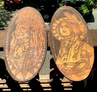 Flemish Art Co Ny Pyrography Mcm Pair Wall Plaques Native American Chief & Woman