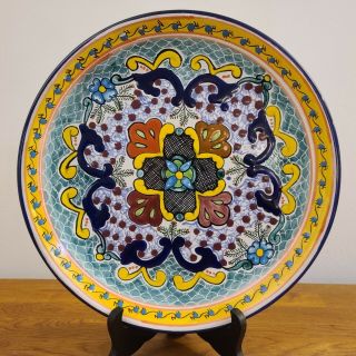 Hand Painted Talavera 11 1/2 " Dinner Plate/wall Hanger Signed Pueblo Mexico