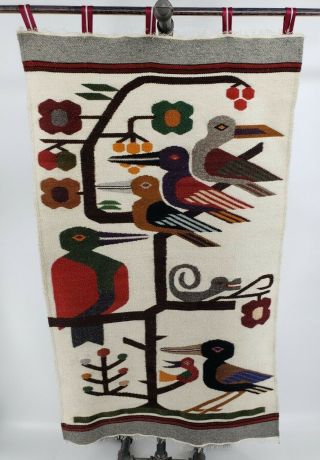 Vtg Mexican Hand Woven 100 Wool Rug Wall Hanging Birds Mid - Century Mcm 41”x24”