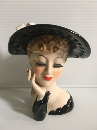 Vintage Napco Lady Head Vase Ceramic S348b Black Hat Bow Polka Dot Dress