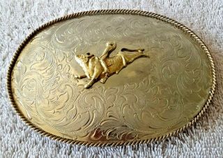 Vtg Montana Silversmiths German Silver Bull Rider Belt Buckle Gold Trim 4 5/8 "