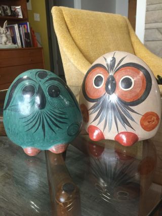 Mid Century V Silva Mexican 2 Vintage Clay Owls Hand Painted Folk Art 1960s