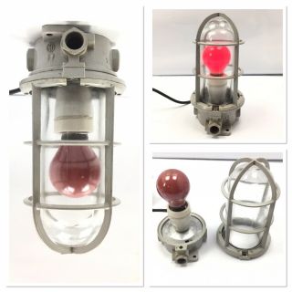 Vtg Wired " Ri " Explosion Proof Red Light Globe Industrial Lighting W/ Cage 40w