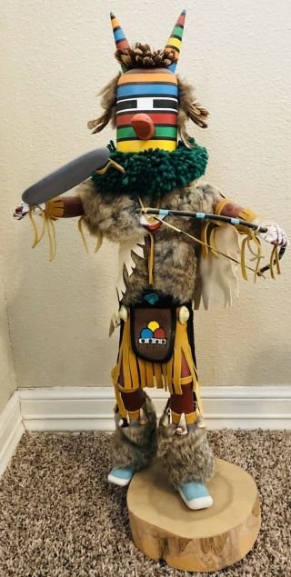 Vintage Hopi Kachina Doll,  Horned Kachina By C.  C.  Tewia,  25” Tall,  Signed
