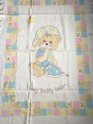 Teddy Beddy Bear Vintage Baby Crib Blanket Satin Trim White Blue Pink Yellow