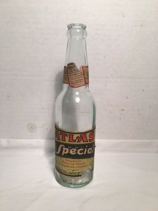Vintage Atlas Special 12oz Longneck Beer Bottle 1929 - 32 Prohibition Paper Label