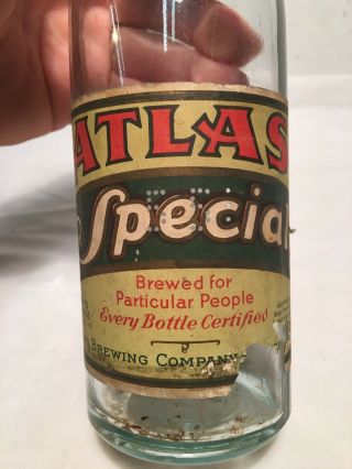 Vintage Atlas Special 12oz Longneck Beer Bottle 1929 - 32 Prohibition Paper Label 2