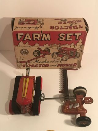 Vintage Marx Tin Litho Toy Farm Set Tractor And Mower Windup - Boxed - Mib,  1940s