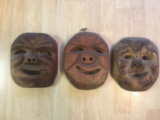 3 Vintage Alaska Inupiaq Inuit Eskimo Hand Carved Wooden Masks Usa Wall Decor